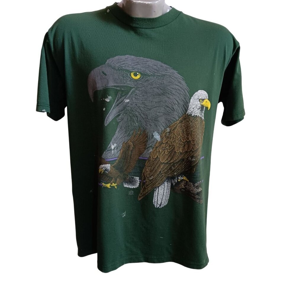 Vintage Mens T-Shirt Large Cotton Grove Bald Eagle Graphic USA Green Paint Splat